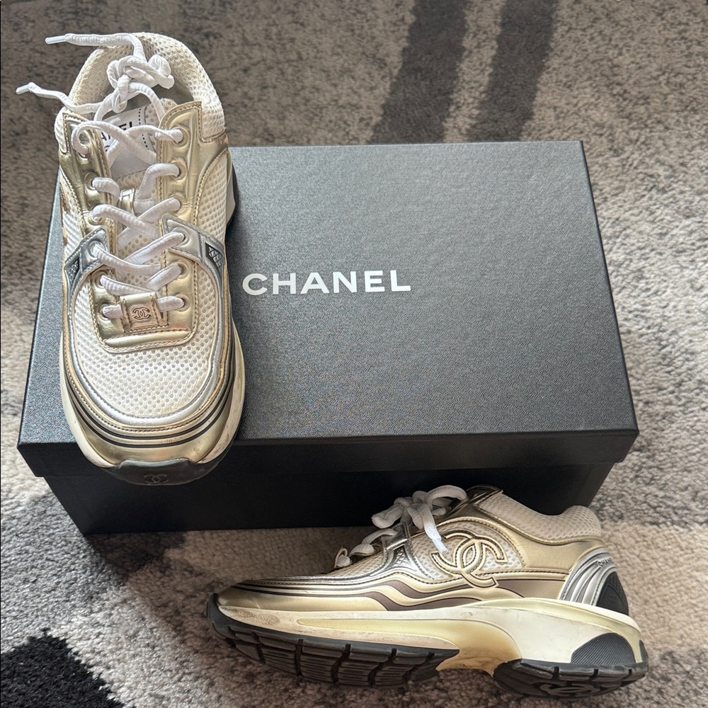CHANEL Metallic Gold and Cream Sneakers